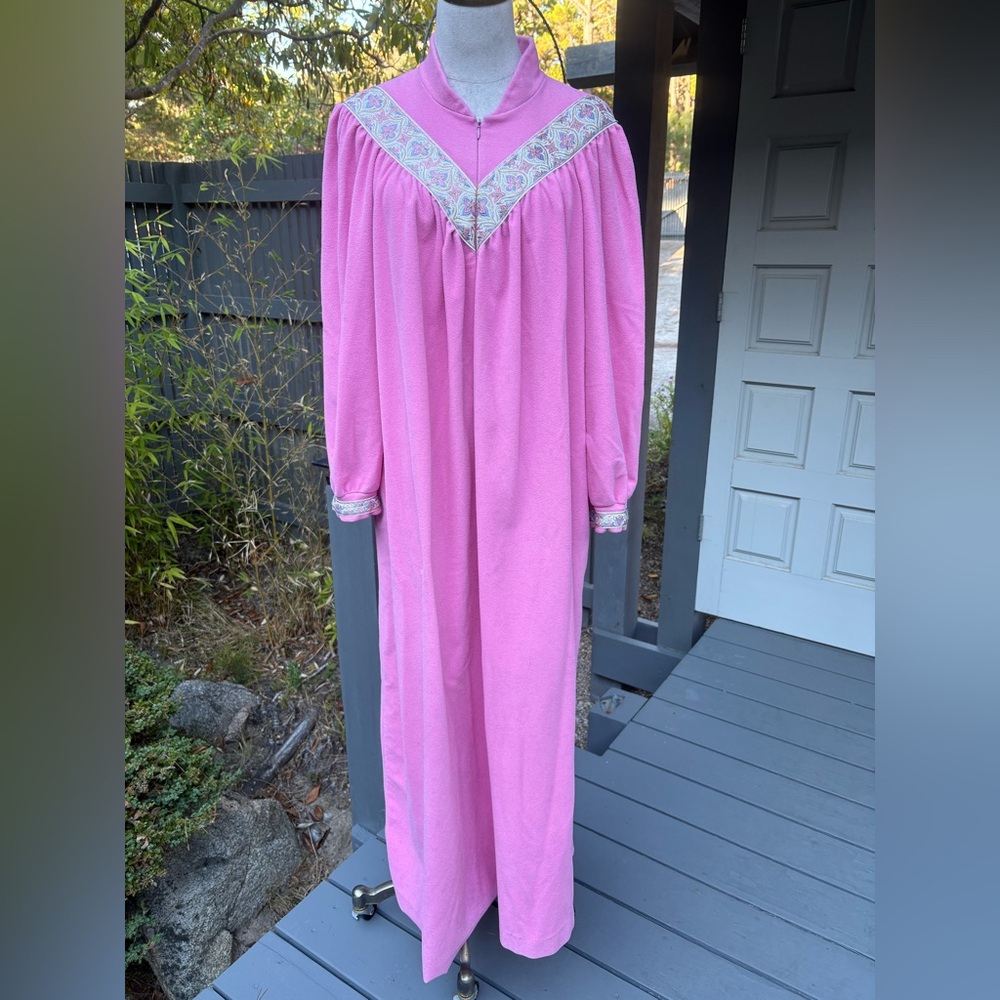 Vintage Vanity Fair Pink Long Nightgown with Pink Floral Ribbin Trim Detail